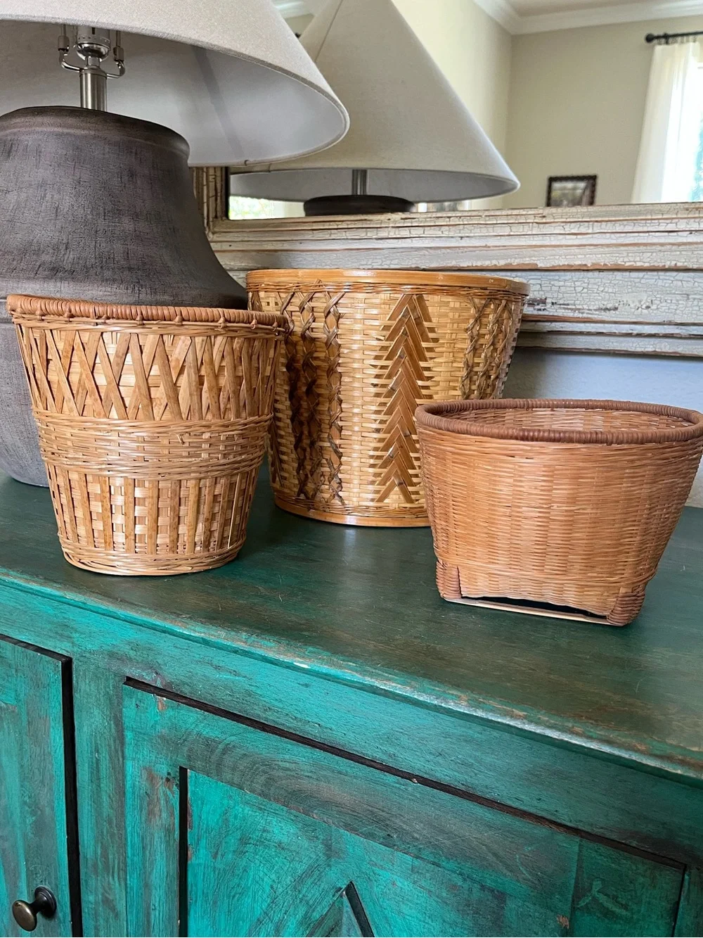 Set of 3 | BOHO Rattan Woven Baskets | Vintage | Large 8-1/4” T, Medium, Small